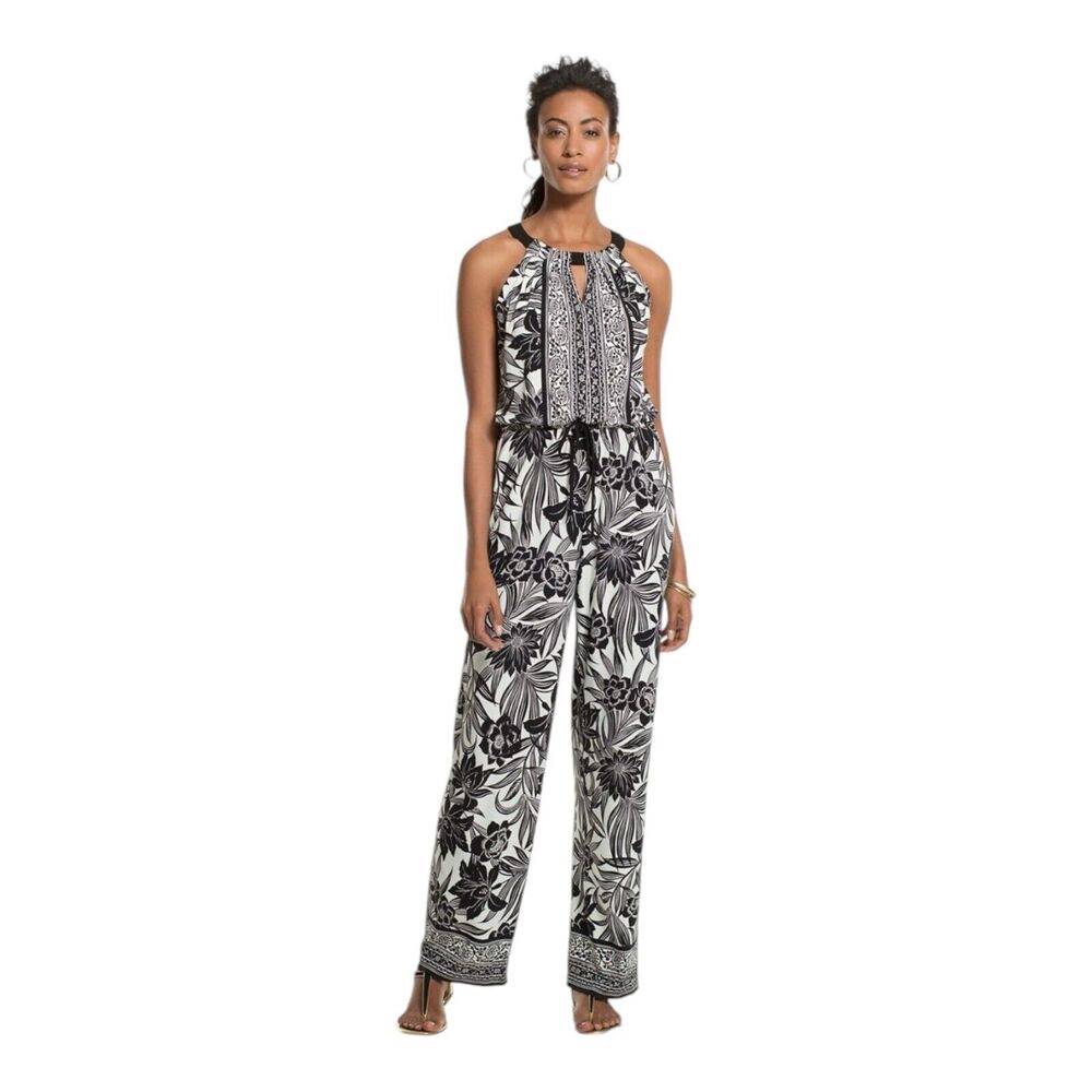 Chico’s Size 3 Marissa Jumpsuit Sleeveless Black White Graphic Floral Size XL 16